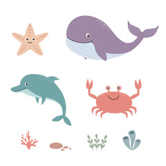 Set of cute cartoon inhabitants of the underwater world: whale, dolphin, crab, starfish, as well as algae, rocks, corals. Vector illustration for children.