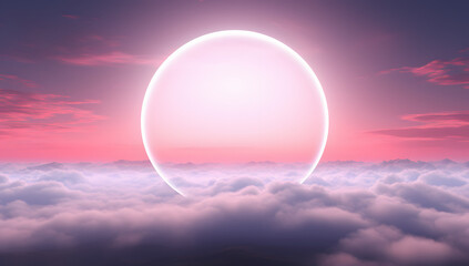 Illuminated circle over pink clouds, in the style of neon and fluorescent light. AI Generated