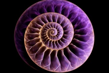 Purple Sea spiral shell isolated on a black background. Clipping Path. fibonacci pattern on shell viewed spiral from front. Nautilus seashell