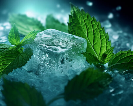 Fresh mint leaves with square shape ice cubes. Creative photography of menthol products. Generative AI