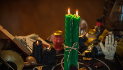 Magical scene, esoteric and wicca concept, fortune telling, witch stuff on a table	