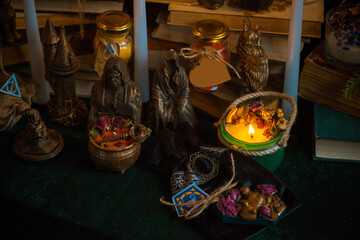 Magical scene, esoteric and wicca concept, fortune telling, witch stuff on a table	