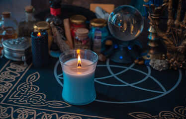 Magical scene, esoteric and wicca concept, fortune telling, witch stuff on a table	