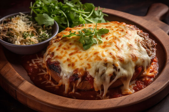Parmegiana Steak also known as Filet Parmegiana in a white plate on a rustic wooden background, cheese and tomato sauce. Soft light, angle view. generative aii