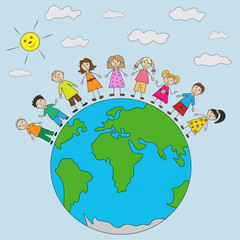 Group of happy kids on planet earth, hand drawn style. Color preschool children. Childhood and friendship. Vector illustration