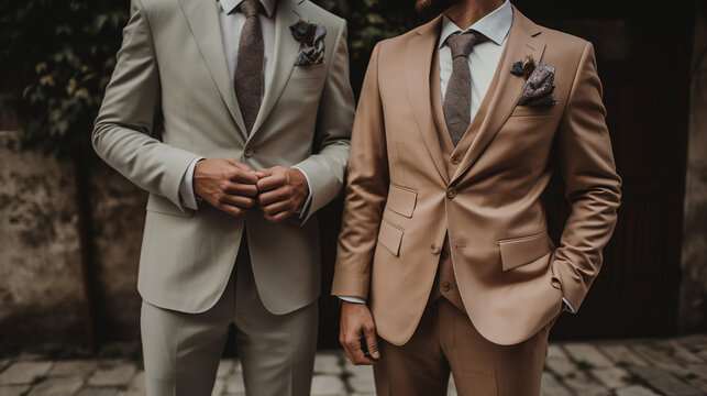 Generative AI, two handsome men in smart suits, wedding, groom, lgbt, gay, family, love, couple guys, romance, joyful emotions