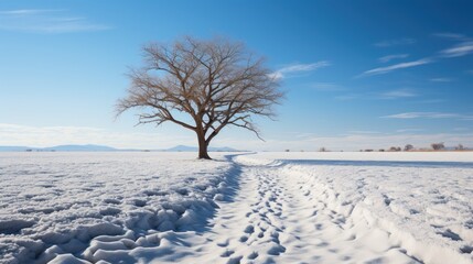 Minimalist shot, shadow of a tree in an empty snow field. Generative AI