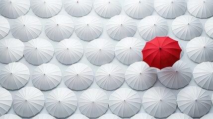 Minimalist shot, single red umbrella among white umbrellas in endless white space. Surreal concept. Generative AI