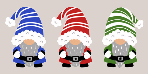Cute Christmas gnomes set. Hand drawn flat vector illustration. New Year holiday decor. Santa's suit and accessories, striped hat. Winter clipart.