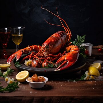 Dish with lobster Culinary Photography, delicious, vibrant colors, natural lighting, appetizing mood, indoor setting