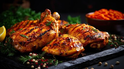 Grilled chicken legs with spices and herbs on a black background