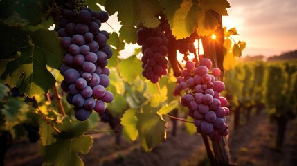 Naklejka premium Grape cluster hanging from grape vines at vineyard - Generative AI