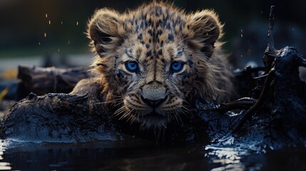 Lion cub drinking water - Generative AI