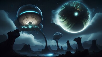 A distant world of alien creatures, strange plants, and a sky filled with stars and swirling clouds, illuminated by a mysterious, extraterrestrial light.