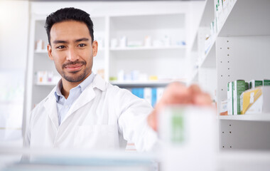 Asian man, pharmacist and medicine for stock check at pharmacy, drugstore or shelf. Medical...