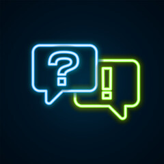 Glowing neon line Speech bubbles with Question and Answer icon isolated on black background. Q and A symbol. FAQ sign. Chat speech bubble and chart. Colorful outline concept. Vector