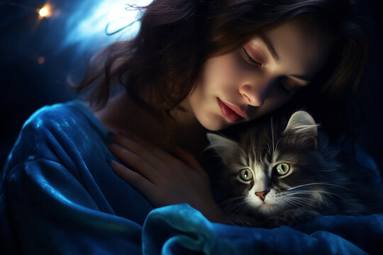 猫を抱いて癒される女性