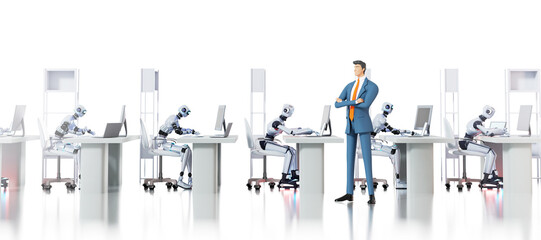 Robots are taking human's job in office. 3D rendering illustration 
