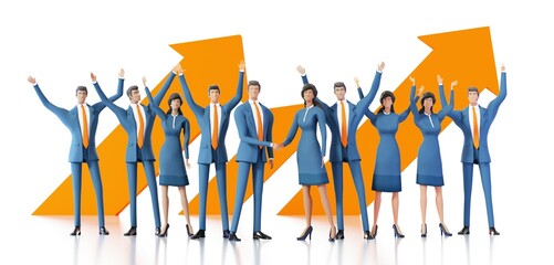Business team with raised hands up celebrating success and achievements. Help, support, working together, advisory concept  3D rendering illustration
