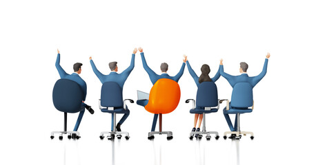 Business team with raised hands up celebrating success and achievements. Help, support, working together, advisory concept  3D rendering illustration