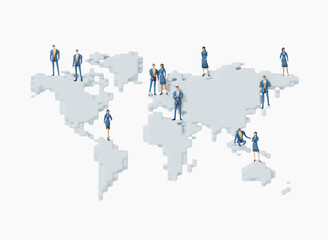 Abstract world map and business people stay on continents, representing global business and international communications. 3D rendering illustration