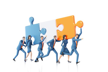 Obraz premium Business people running and caring big puzzle. Work together as team,. help, support idea 3D rendering illustration