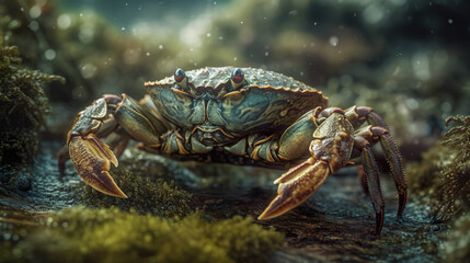 Crab closeup on the beach rocks. A large paddle crab native to Chatham Island. Colorful crab. Realistic 3D illustration. Generative AI