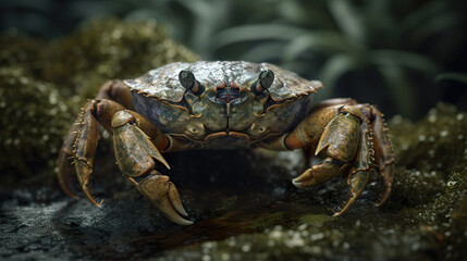 Crab closeup on the beach rocks. A large paddle crab native to Chatham Island. Colorful crab. Realistic 3D illustration. Generative AI
