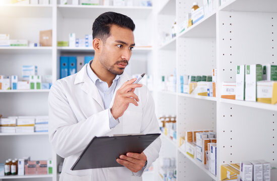 Pharmacist, medicine and man with checklist for stock in pharmacy store. Pills, inventory and medical doctor with clipboard to count pharmaceutical drugs, supplements and medication for healthcare.