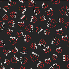 Line Cloud with rain icon isolated seamless pattern on black background. Rain cloud precipitation with rain drops. Vector
