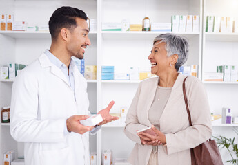 Pharmacist man, senior woman and talking with box, phone or funny in store for prescription, health...