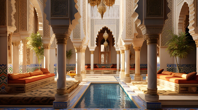 The luxurious interior of a Moroccan Palace, traditional handcrafts & Zellij - Generative Art
