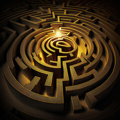 ai generated illustration Golden circular maze. Radial labyrinth.