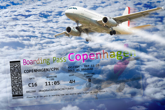 Airplane flying above the clouds - concept image with airline boarding pass tickets to Copenhagen (Europe - Denmark)