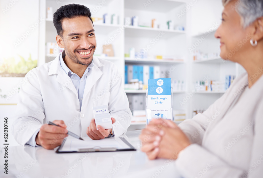 Poster customer service, senior woman and pharmacist with advice on medicine, drugs or shopping at a pharma