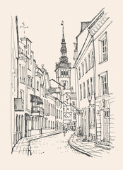 Sketch of Tallinn, Estonia. A hand-drawn old building, with a pen on paper. Urban sketch in black color on beige background. Building line art. Freehand drawing. Hand drawn travel retro postcard. 