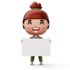 Happy child with bag holding blank whiteboard, cute girl cartoon character, 3d rendering