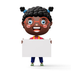 Happy child with bag holding blank whiteboard, cute girl cartoon character, 3d rendering