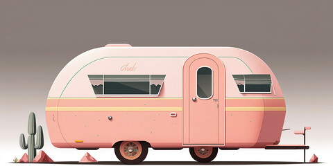 ai generated illustration of  a pastel caravan camping.