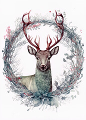 Dear with antlers and in a wreath isolated on white background, green and earth tones winter dear with flowers. Beautiful greeting card for xmas season. Christmas celebration.