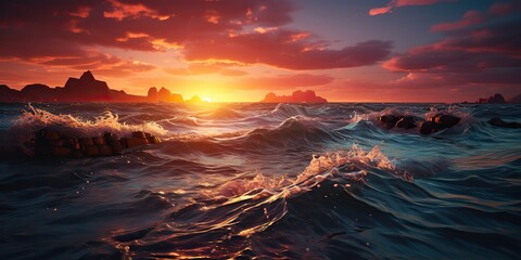 AI Generated. AI Generative. Dramatic evening sea ocean water waves. Storm adventure explore swim vibe. Graphic Art