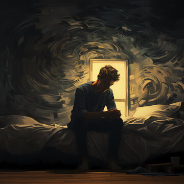 Discover the poignant portrayal of depression's burden as a person sits on a bed, enveloped by swirling shadows. A powerful image capturing the depths of the human mind.