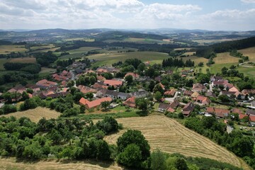 Fototapeta premium Hostice is a municipality and village in Strakonice District in the South Bohemian Region of the Czech Republic,czech village,aerial panorama landscape view