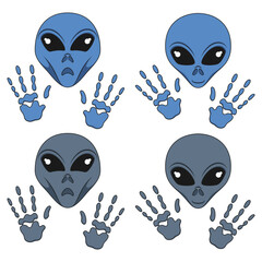 Set of color illustration with alien face and hands. Isolated vector object on white background.