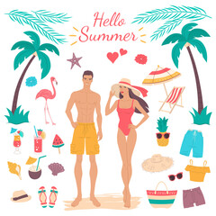 Set of summer tropic beach flat illustrations. A beautiful girl and handsome guy on the beach, palm trees, tropical cocktails, and other summer beach elements, isolated on a white. Hello Summer icons.