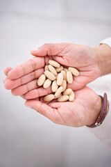 Hands, pharmaceutical pills or medicine for health care or drugs for recovery, wellness or...