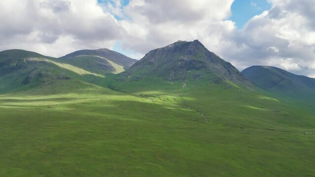Rannoch Moor and Mountains around Buachaille Etive M&ograve;r from a drone, River Coupall, Glen Etive and River Etive, Highlands, Scotland, UK