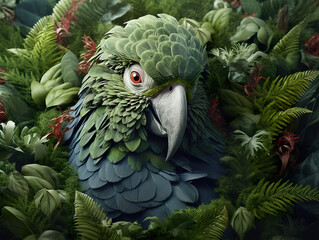 Fototapeta premium Closeup of a parrot surrounded by green plants. Parrot in the jungle. Beauty portrait of parrot's head among blurred foliage. Realistic 3D illustration. Generative AI