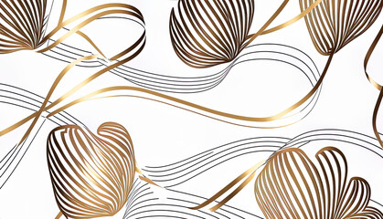 Golden pine cones illustration for luxury seasonal card with swirls and bow. Gold winter symbole isolated on white background, holiday greetings, season celebration. Christmas, xmas.