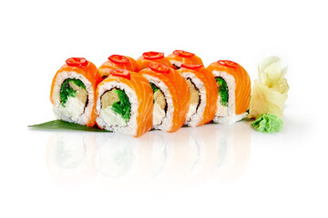 Rolls with salmon, eel, tamago omelet, cream cheese, hiyashi wakame and chili pepper